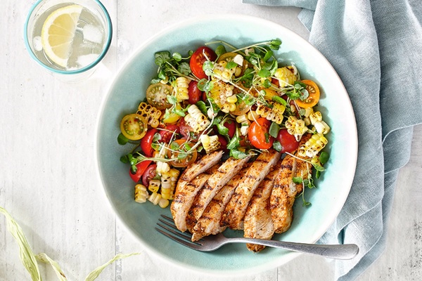 GRILLED CHICKEN WITH CORN & TOMATO SALAD