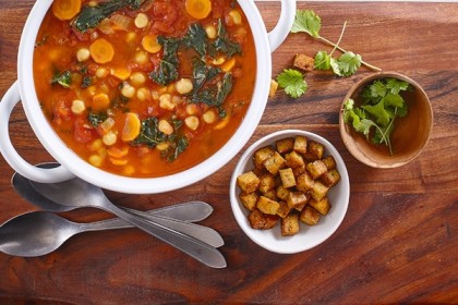 Moroccan-Style Soup with Smoked Tofu Croutons