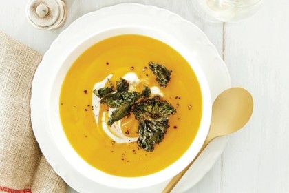 ROASTED CARROT & PARSNIP SOUP WITH WHIPPED GOAT CHEESE & KALE CHIPS